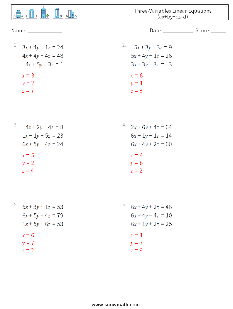 Three-Variables Linear Equations (ax+by+cz=d) Math Worksheets 1 Question, Answer