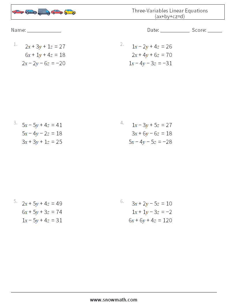 Three-Variables Linear Equations (ax+by+cz=d) Math Worksheets 2