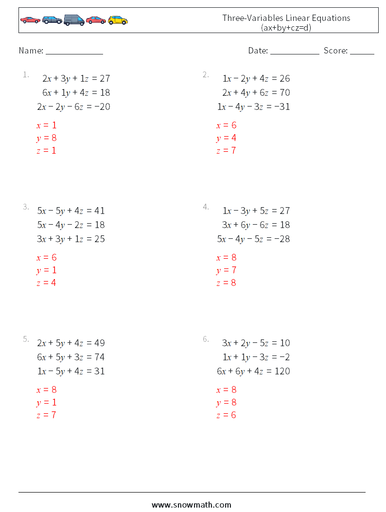 Three-Variables Linear Equations (ax+by+cz=d) Math Worksheets 2 Question, Answer