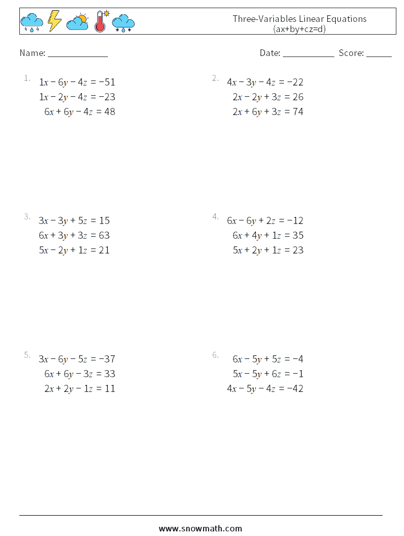 Three-Variables Linear Equations (ax+by+cz=d) Math Worksheets 3