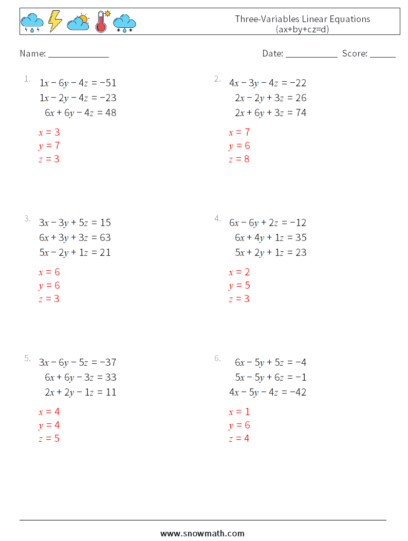 Three-Variables Linear Equations (ax+by+cz=d) Math Worksheets 3 Question, Answer