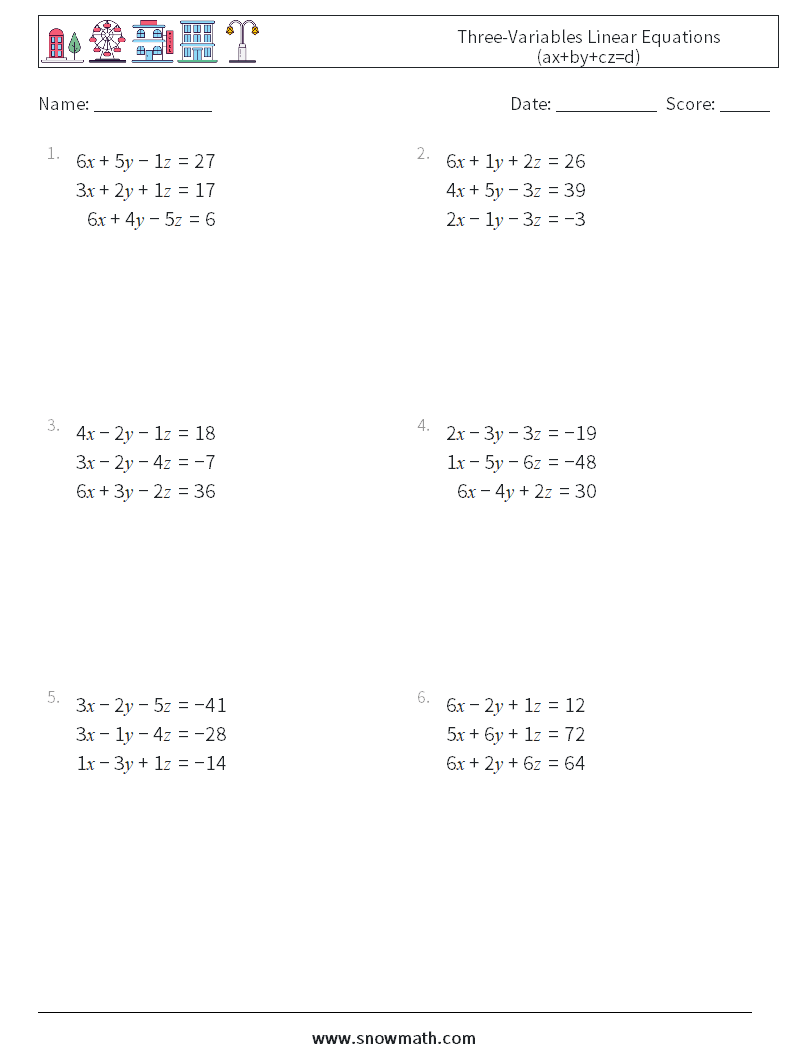 Three-Variables Linear Equations (ax+by+cz=d) Math Worksheets 4