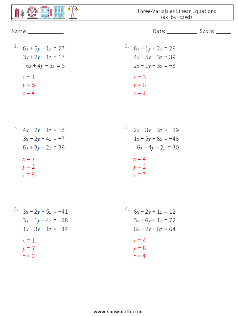 Three-Variables Linear Equations (ax+by+cz=d) Math Worksheets 4 Question, Answer