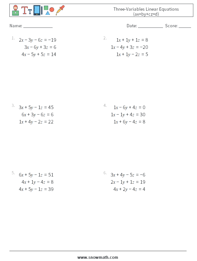 Three-Variables Linear Equations (ax+by+cz=d) Math Worksheets 5