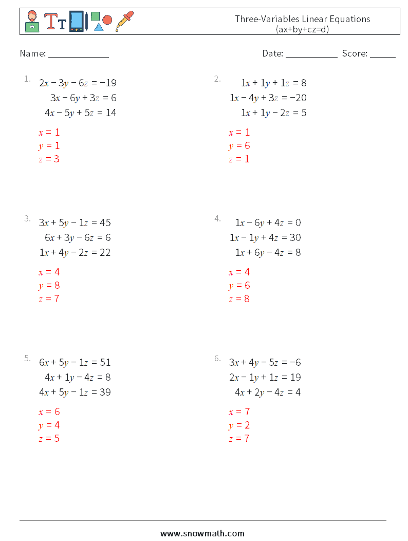 Three-Variables Linear Equations (ax+by+cz=d) Math Worksheets 5 Question, Answer