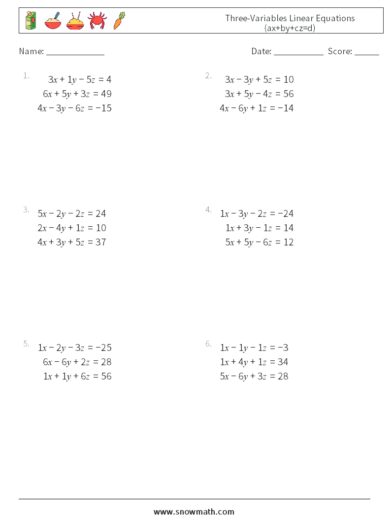 Three-Variables Linear Equations (ax+by+cz=d) Math Worksheets 6
