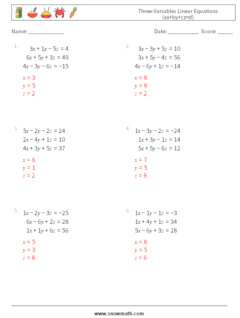 Three-Variables Linear Equations (ax+by+cz=d) Math Worksheets 6 Question, Answer