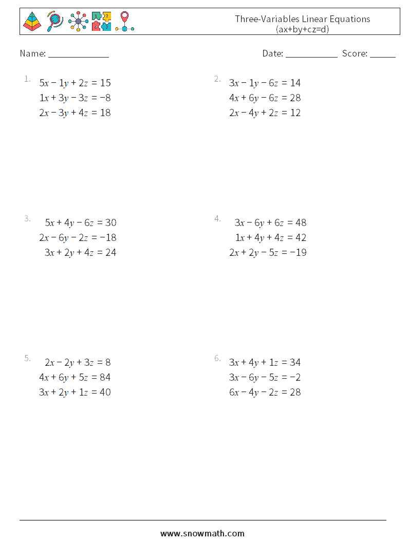Three-Variables Linear Equations (ax+by+cz=d) Math Worksheets 7