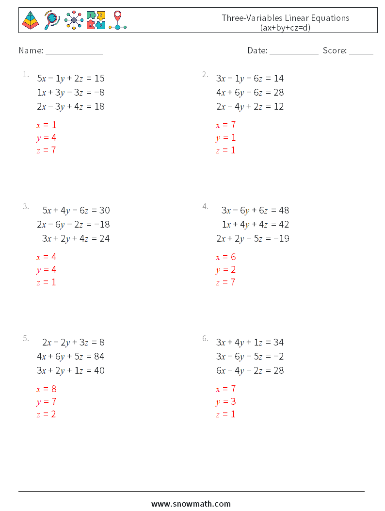 Three-Variables Linear Equations (ax+by+cz=d) Math Worksheets 7 Question, Answer