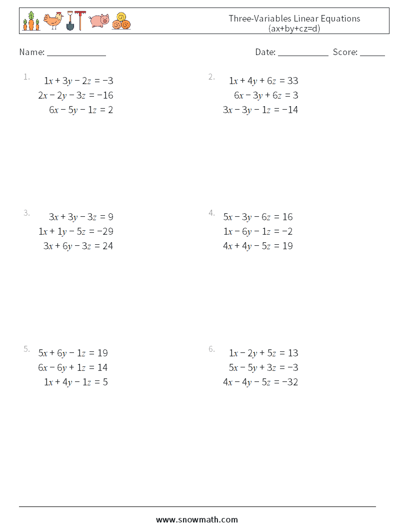 Three-Variables Linear Equations (ax+by+cz=d) Math Worksheets 8