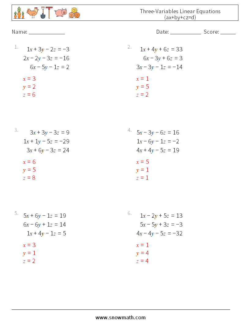 Three-Variables Linear Equations (ax+by+cz=d) Math Worksheets 8 Question, Answer