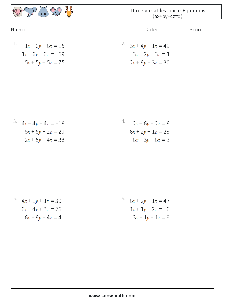 Three-Variables Linear Equations (ax+by+cz=d) Math Worksheets 9