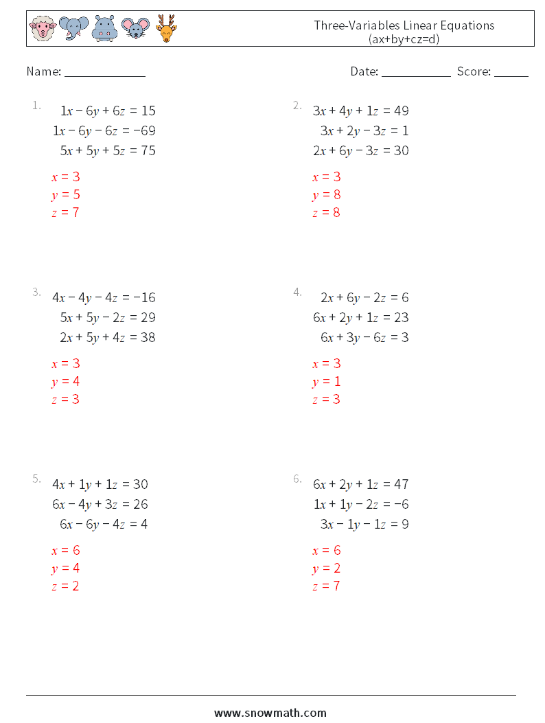 Three-Variables Linear Equations (ax+by+cz=d) Math Worksheets 9 Question, Answer