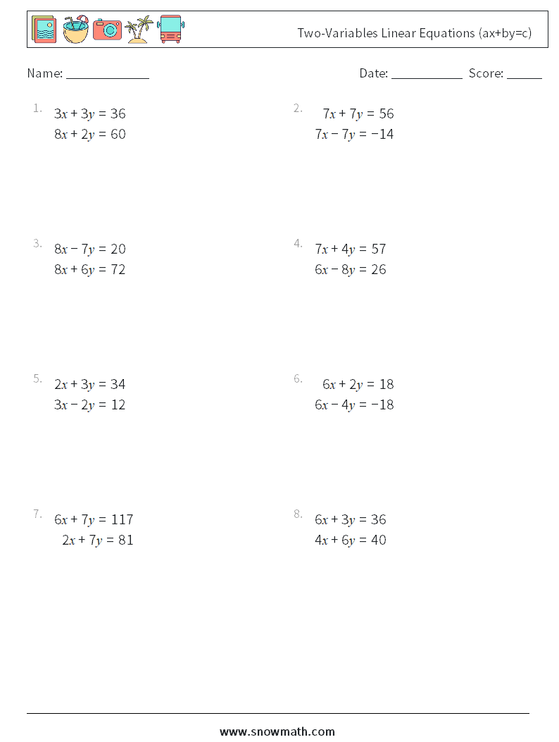 Two-Variables Linear Equations (ax+by=c) Math Worksheets 1