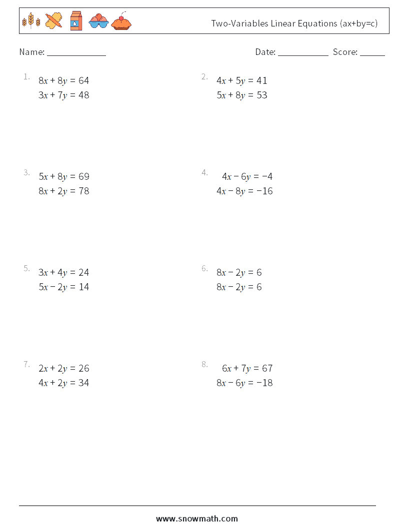 Two-Variables Linear Equations (ax+by=c) Math Worksheets 10