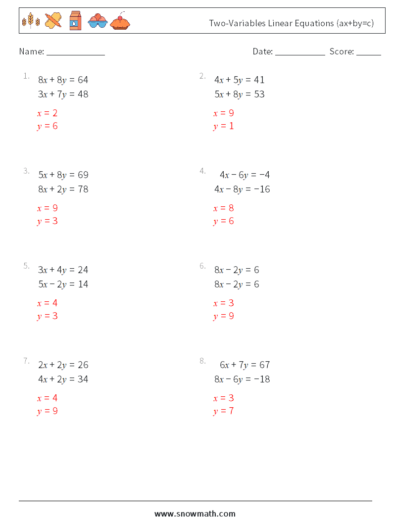 Two-Variables Linear Equations (ax+by=c) Math Worksheets 10 Question, Answer