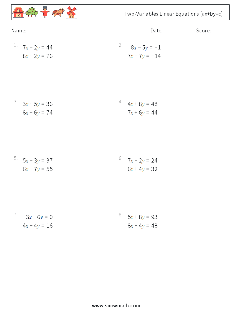 Two-Variables Linear Equations (ax+by=c) Math Worksheets 11