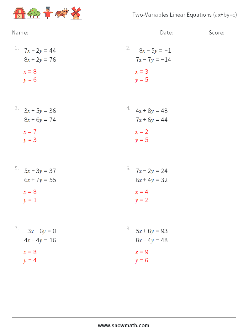Two-Variables Linear Equations (ax+by=c) Math Worksheets 11 Question, Answer