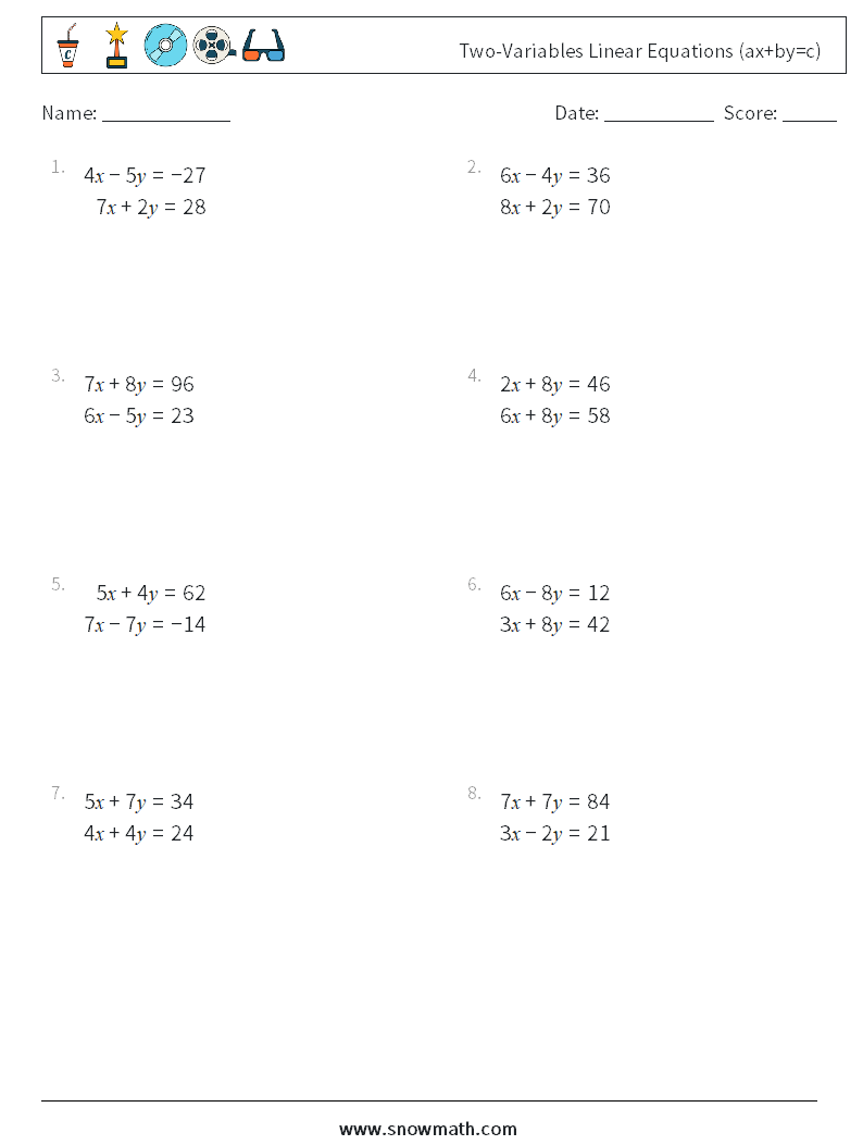 Two-Variables Linear Equations (ax+by=c) Math Worksheets 12