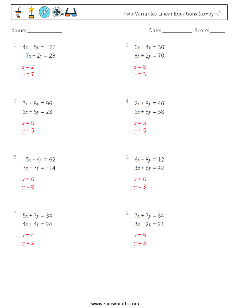 Two-Variables Linear Equations (ax+by=c) Math Worksheets 12 Question, Answer