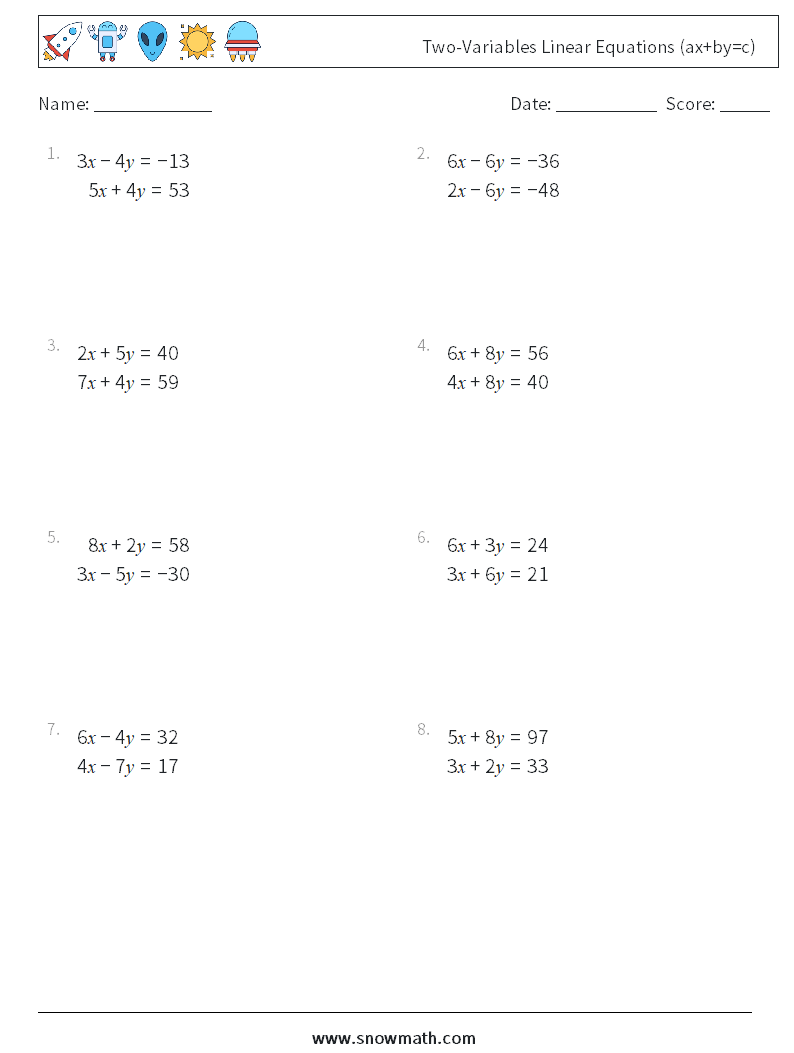 Two-Variables Linear Equations (ax+by=c) Math Worksheets 13