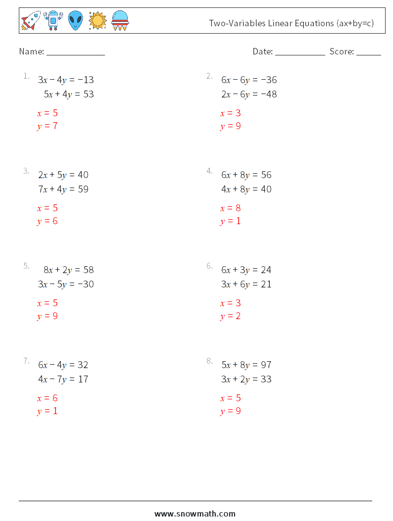 Two-Variables Linear Equations (ax+by=c) Math Worksheets 13 Question, Answer