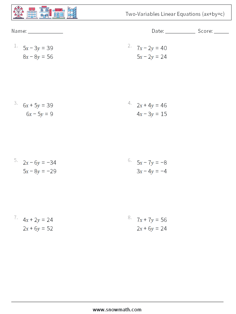 Two-Variables Linear Equations (ax+by=c) Math Worksheets 14