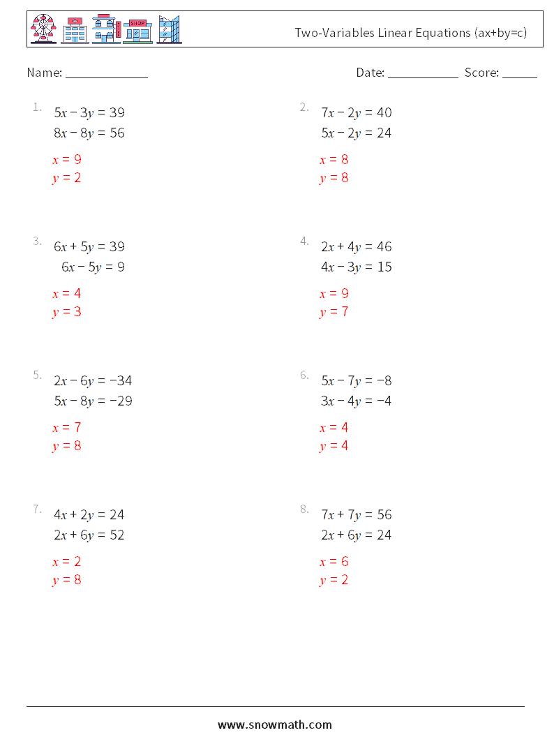 Two-Variables Linear Equations (ax+by=c) Math Worksheets 14 Question, Answer