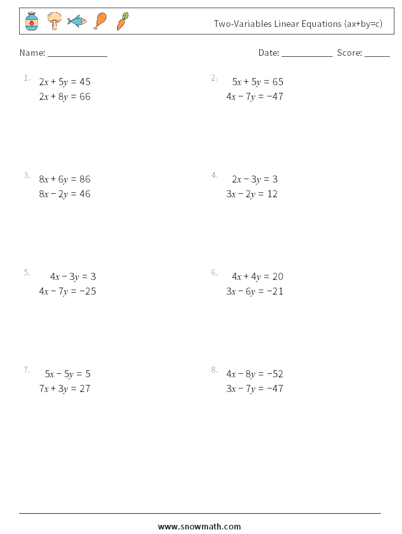 Two-Variables Linear Equations (ax+by=c) Math Worksheets 15