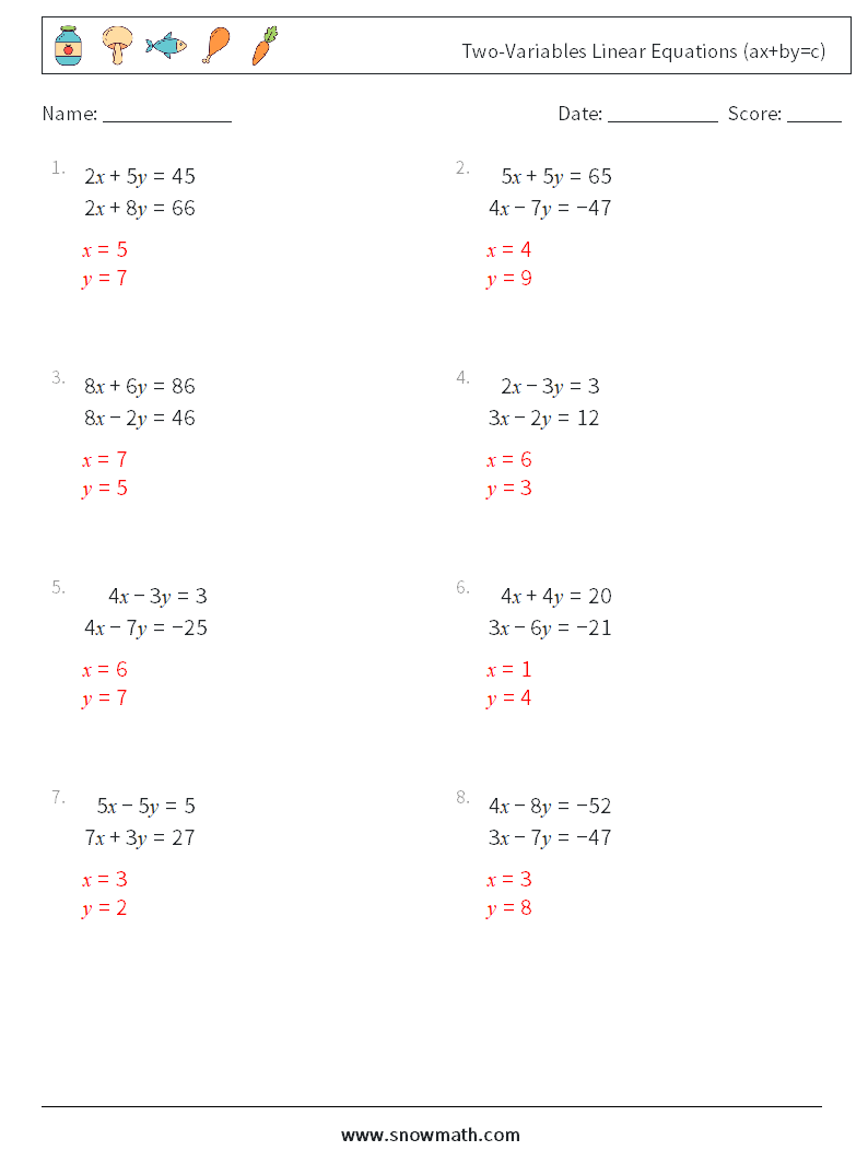 Two-Variables Linear Equations (ax+by=c) Math Worksheets 15 Question, Answer