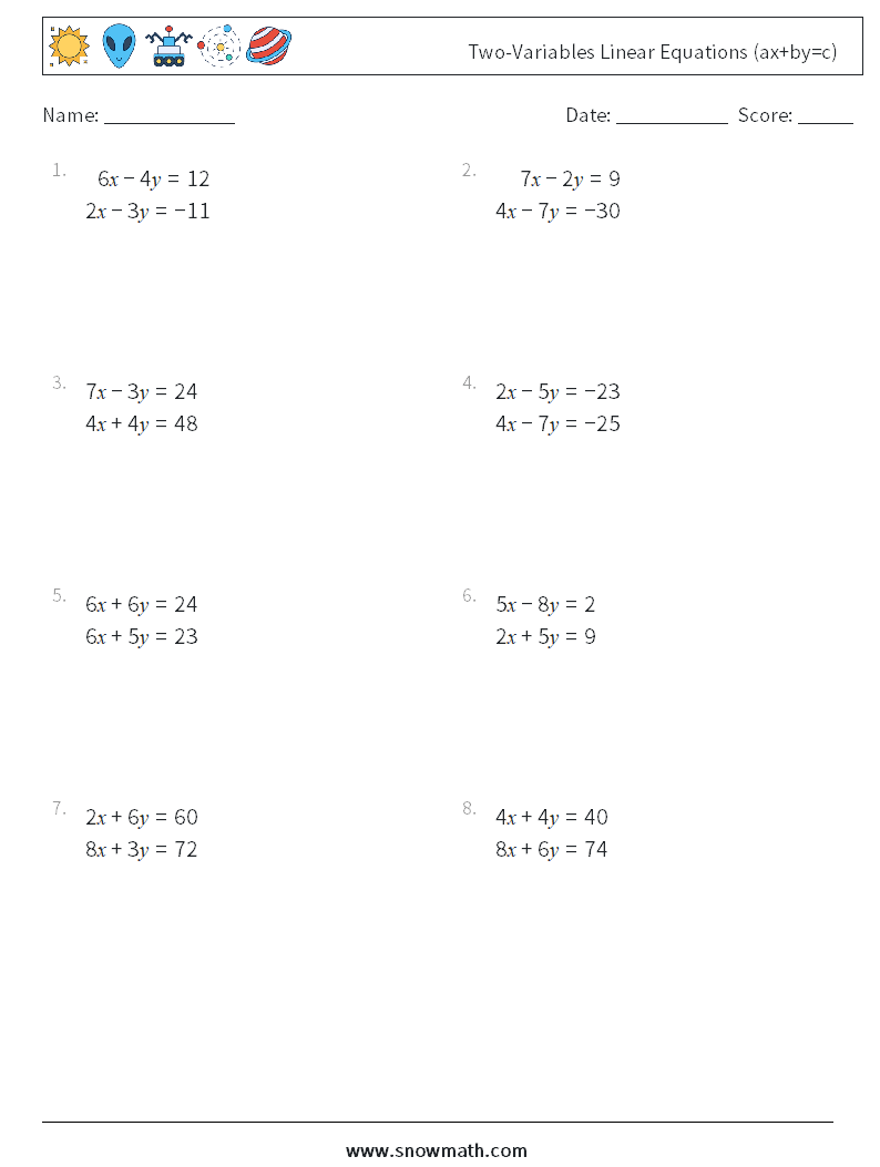 Two-Variables Linear Equations (ax+by=c) Math Worksheets 16