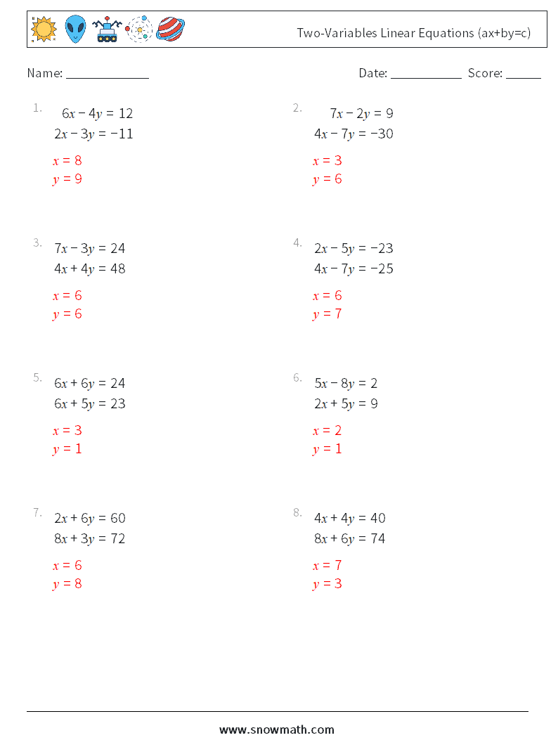 Two-Variables Linear Equations (ax+by=c) Math Worksheets 16 Question, Answer