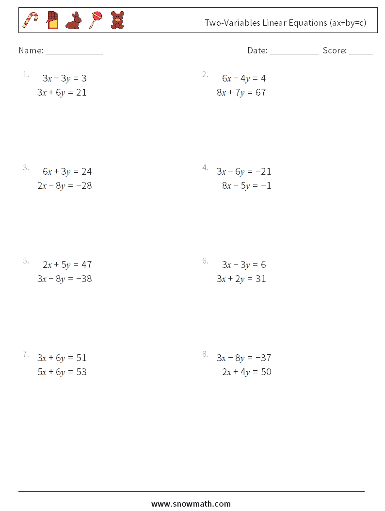 Two-Variables Linear Equations (ax+by=c) Math Worksheets 17