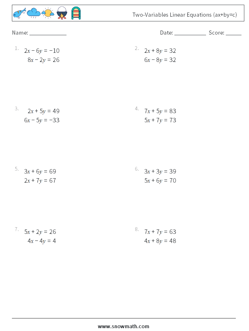 Two-Variables Linear Equations (ax+by=c) Math Worksheets 18