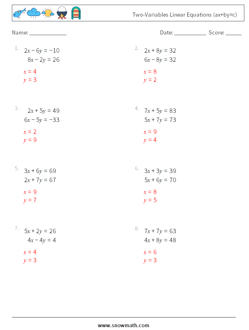 Two-Variables Linear Equations (ax+by=c) Math Worksheets 18 Question, Answer