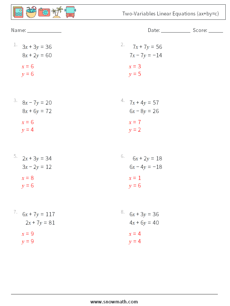 Two-Variables Linear Equations (ax+by=c) Math Worksheets 1 Question, Answer
