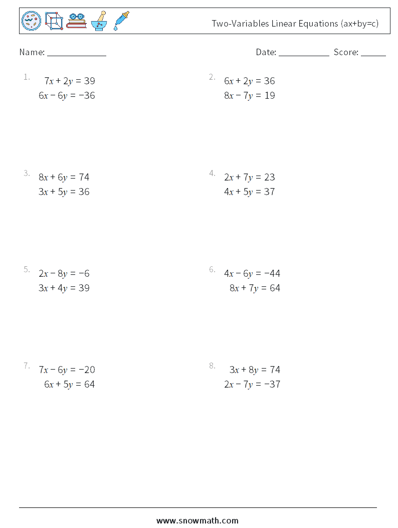 Two-Variables Linear Equations (ax+by=c) Math Worksheets 2