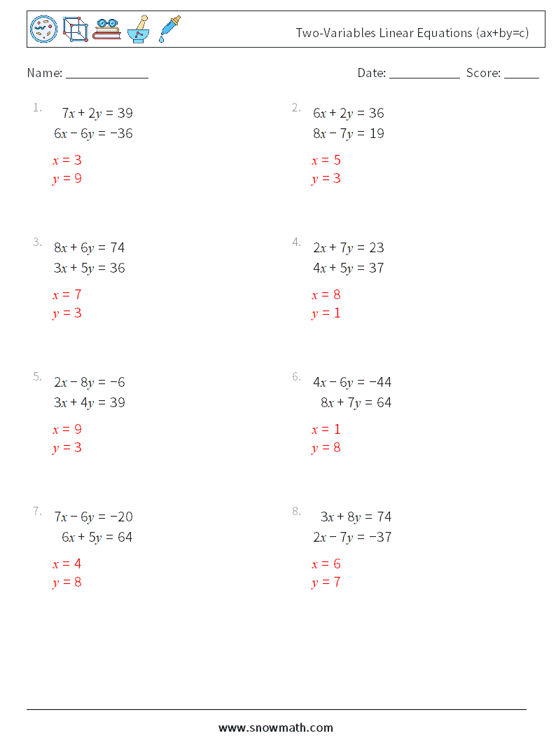 Two-Variables Linear Equations (ax+by=c) Math Worksheets 2 Question, Answer