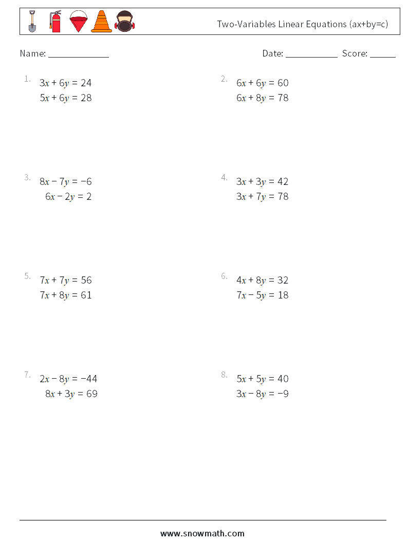 Two-Variables Linear Equations (ax+by=c) Math Worksheets 3