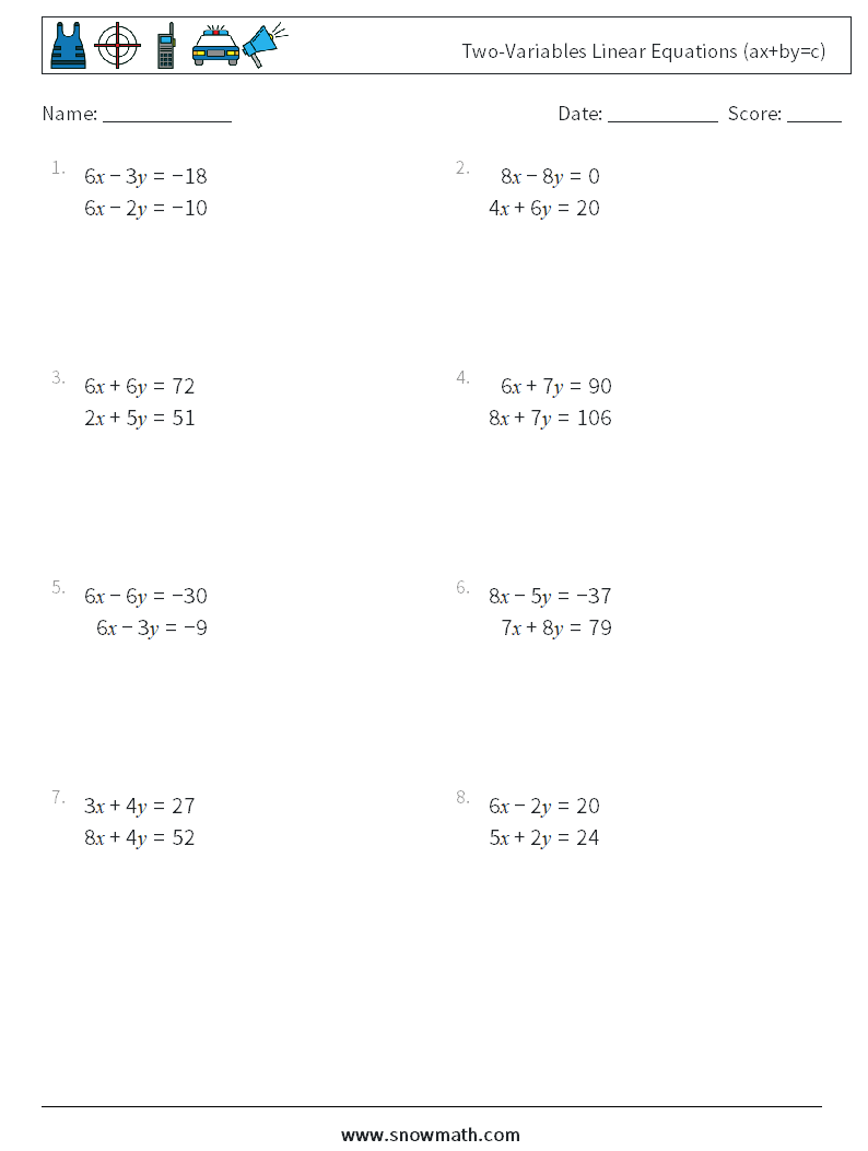 Two-Variables Linear Equations (ax+by=c) Math Worksheets 4