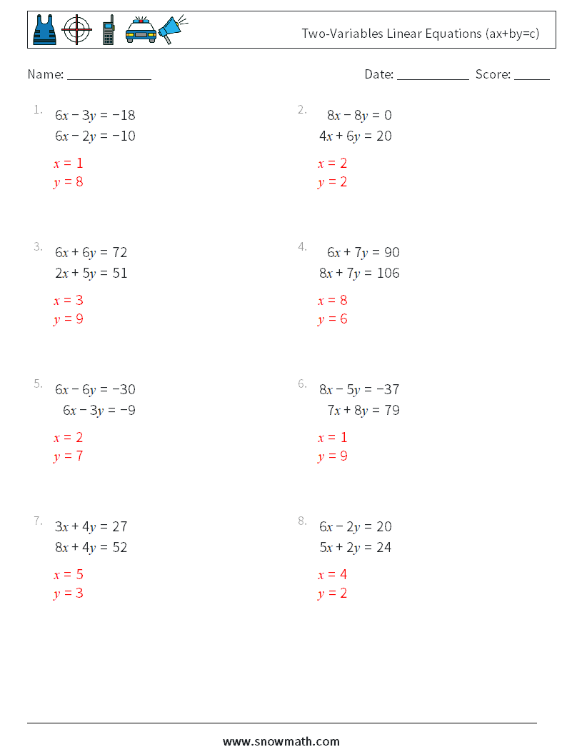 Two-Variables Linear Equations (ax+by=c) Math Worksheets 4 Question, Answer