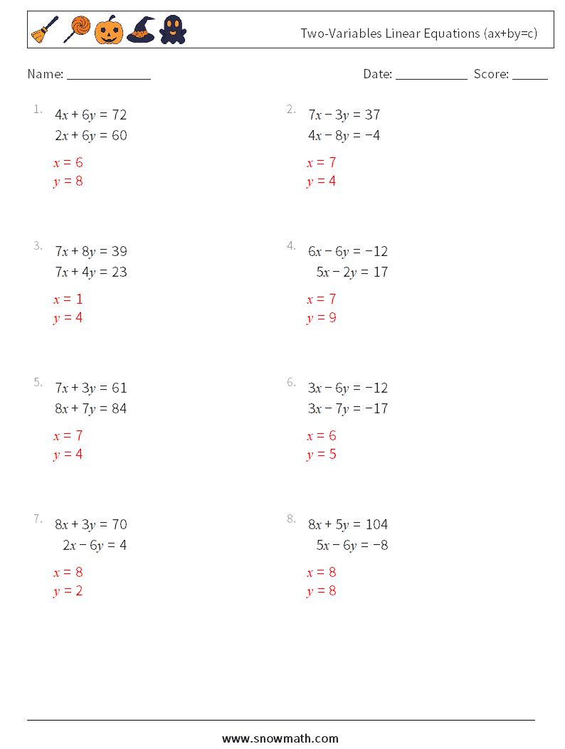 Two-Variables Linear Equations (ax+by=c) Math Worksheets 6 Question, Answer