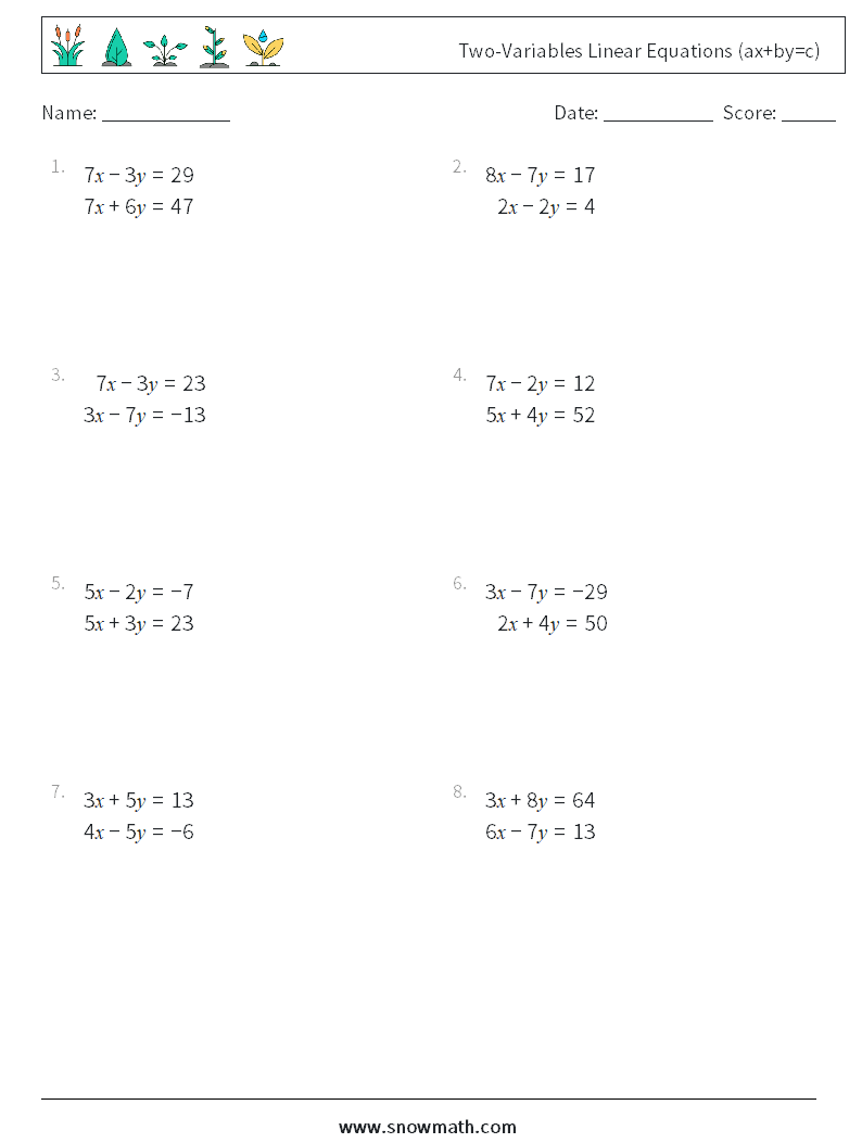 Two-Variables Linear Equations (ax+by=c) Math Worksheets 7