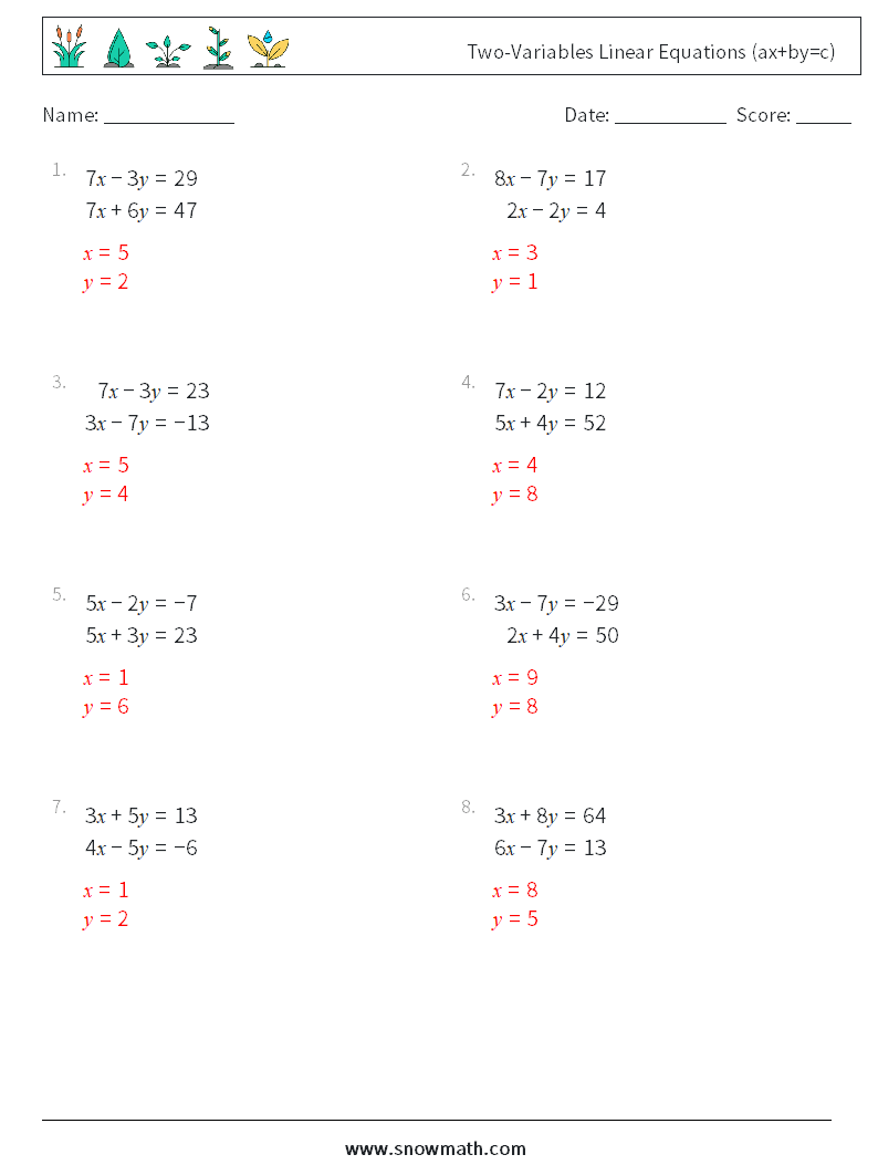 Two-Variables Linear Equations (ax+by=c) Math Worksheets 7 Question, Answer