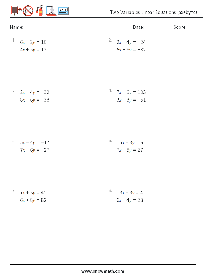 Two-Variables Linear Equations (ax+by=c) Math Worksheets 8