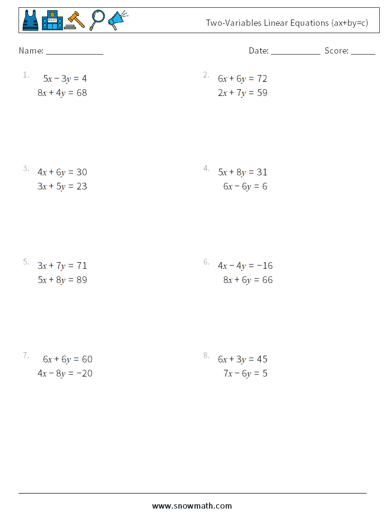 Two-Variables Linear Equations (ax+by=c) Math Worksheets 9