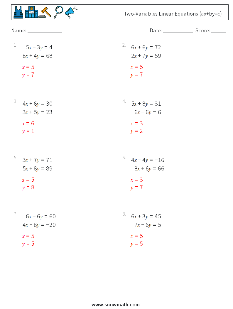 Two-Variables Linear Equations (ax+by=c) Math Worksheets 9 Question, Answer