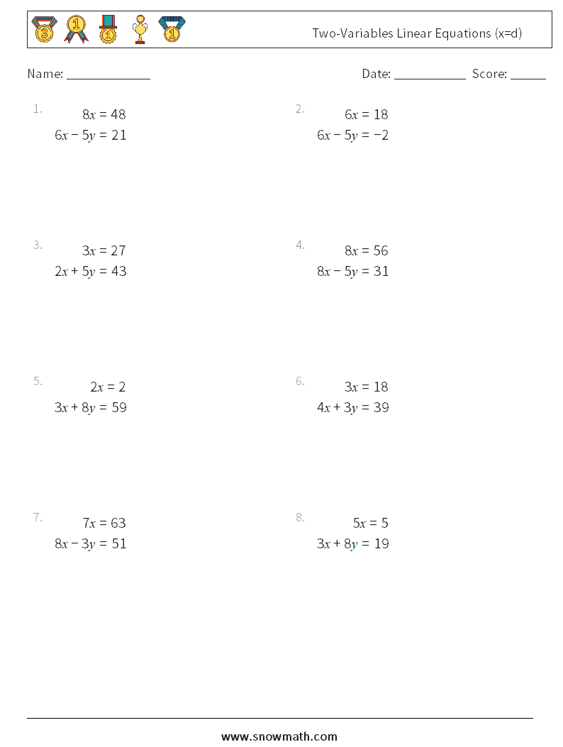 Two-Variables Linear Equations (x=d) Math Worksheets 10