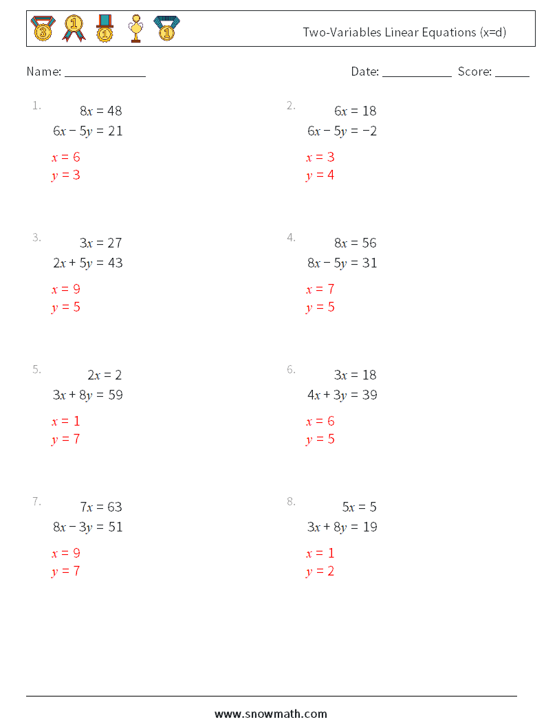 Two-Variables Linear Equations (x=d) Math Worksheets 10 Question, Answer