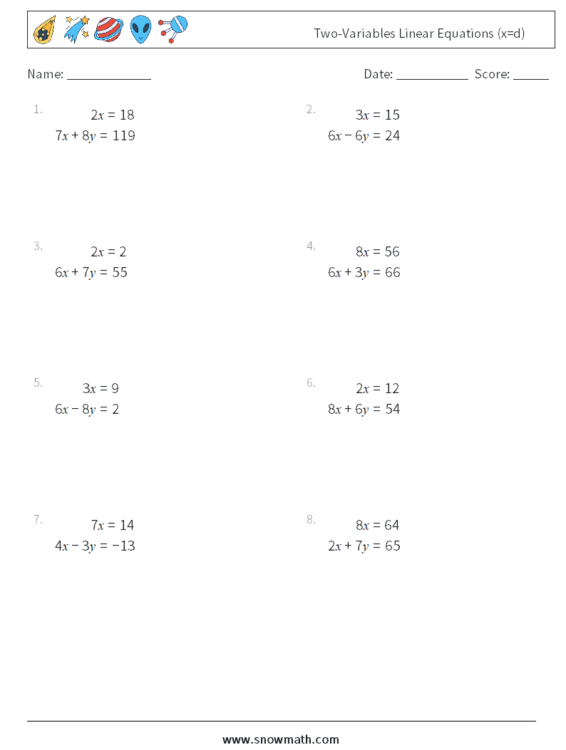 Two-Variables Linear Equations (x=d) Math Worksheets 11